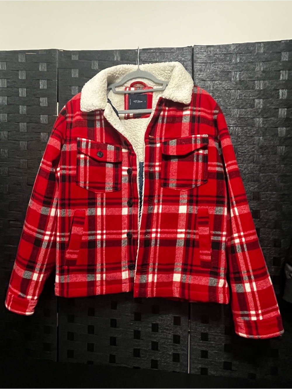 Lucky Brand Red Plaid Button Up Sherpa Fleece Lined Shirt Jacket Men Size Small